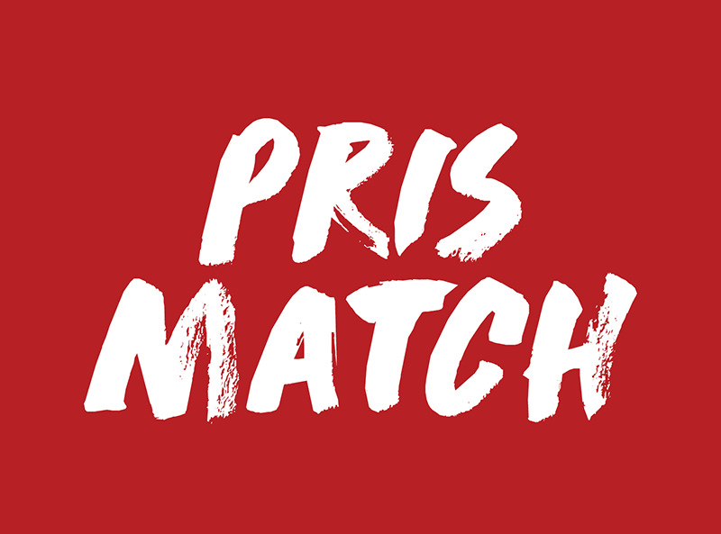 Hvit tekst "PRISMATCH" med penselstrøk-stil på rød bakgrunn, som indikerer en prisgaranti.