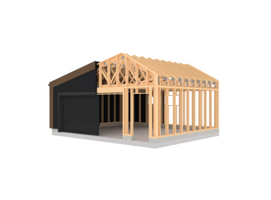 Delvis oppført trekonstruksjon som tilbygg på svart garasje med betongfundament.