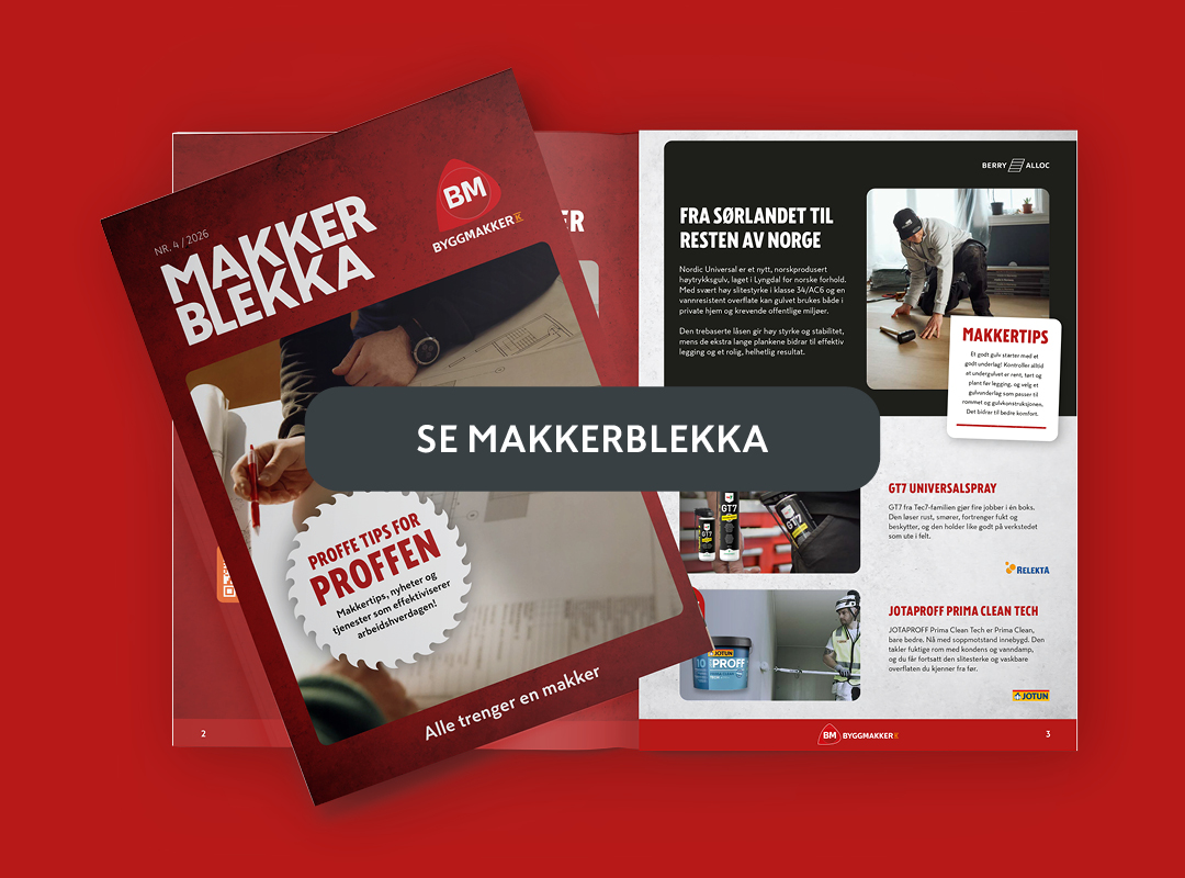 Forsiden og en innside av Byggmakker-bladet "Makkerblekka" med teksten "Se Makkerblekka" på rød bakgrunn.