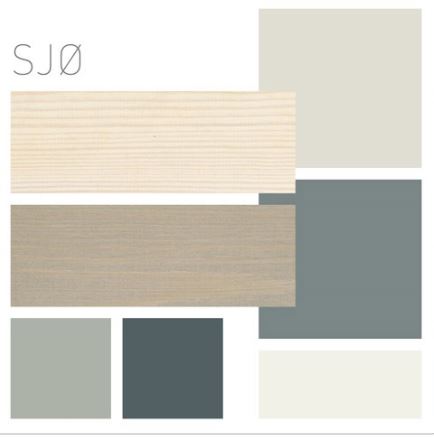 Fargeprøver “SJØ”: lyst og sandfarget treverk, blågrå, grågrønne og kremhvite blokker.