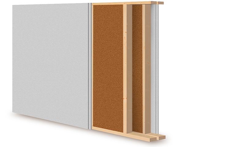 Tverrsnitt av vegg med hvit gipsplate, trestendere og brunt isolasjonsmateriale