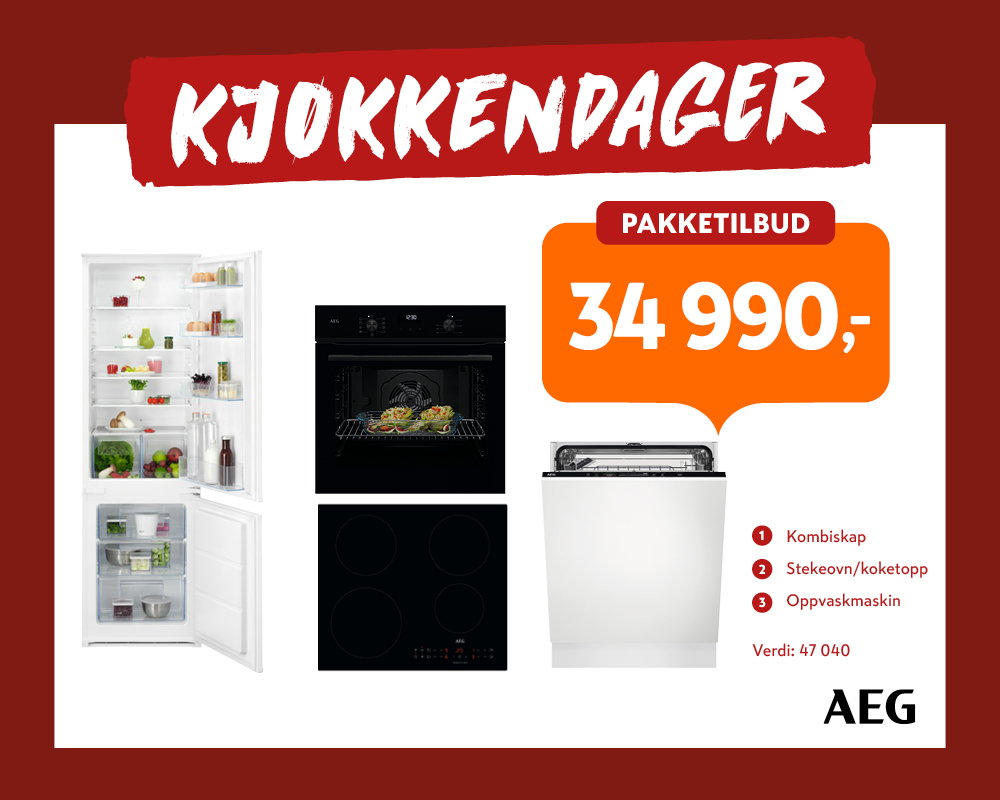 AEG Kjokkendager pakketilbud: kombiskap, stekeovn/koketopp og oppvaskmaskin for 34 990 kr.