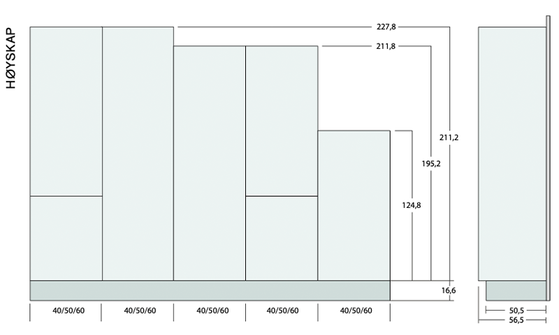 Skisse av lysegrå høy- og underskap med mål (bredde 40/50/60 cm, høyde 124–228 cm)