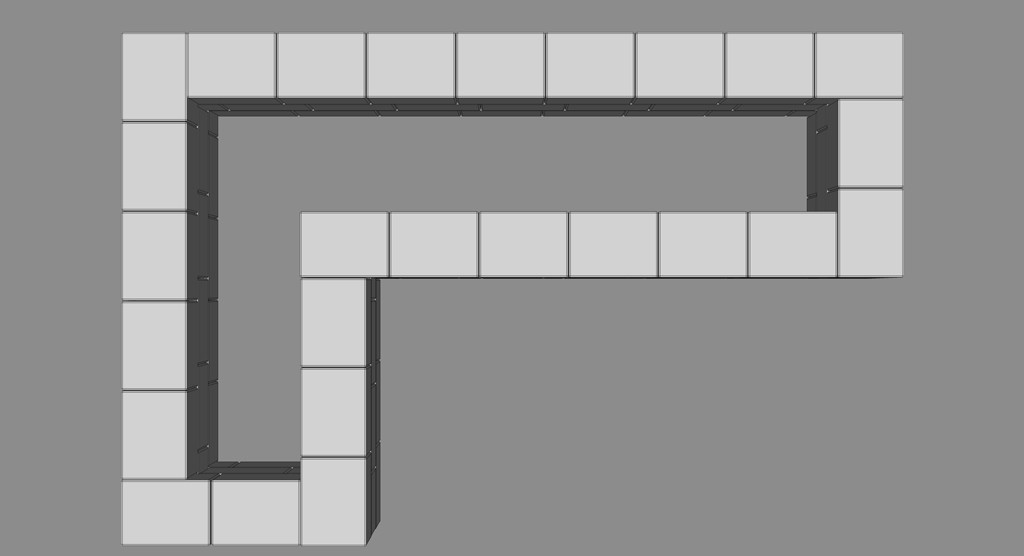 Toppvisning av lysegrå rektangulære bokser som danner en L-formet korridor på grå bakgrunn