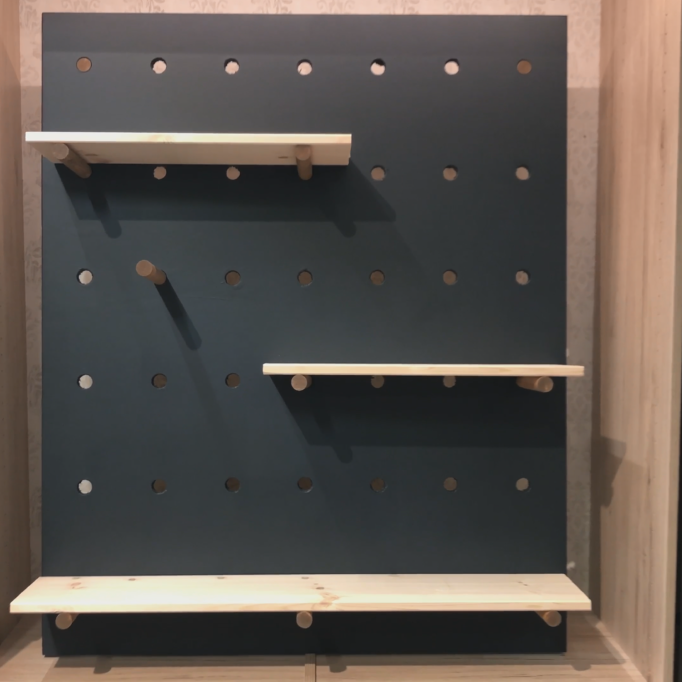 Mørkeblå plate med runde hull og tre lyse hyller i lyst tre