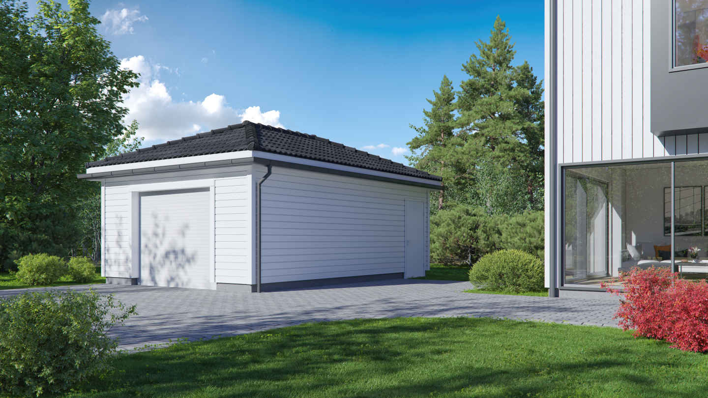 Hvit garasje med svart tak ved moderne hus, grå innkjørsel, grønt gress, busker og blå himmel