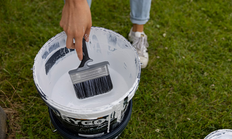 malepensel i et spann med drygolin nordic extreme hvit maling