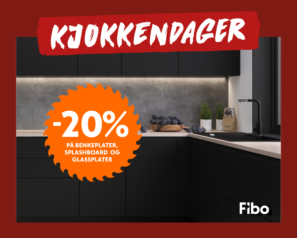 Fibo Kjøkkendager – 20% rabatt på benkeplater, splashboard og glassplater. Moderne svart kjøkken med grå veggplater.