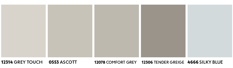 Horisontal rad med seks duse fargeprøver fra offwhite via beige og taupe til lys blågrå