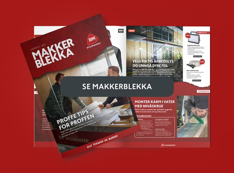 Makkerblekka magasin fra Byggmakker med artikler om arbeidslys, karmmontasje og proffetips på rød bakgrunn.