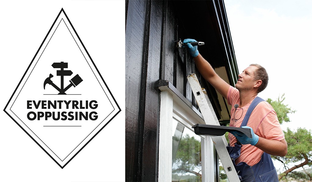 Svart-hvitt diamantlogo med hammer, pensel og skilt og mann som maler svart trefasade.