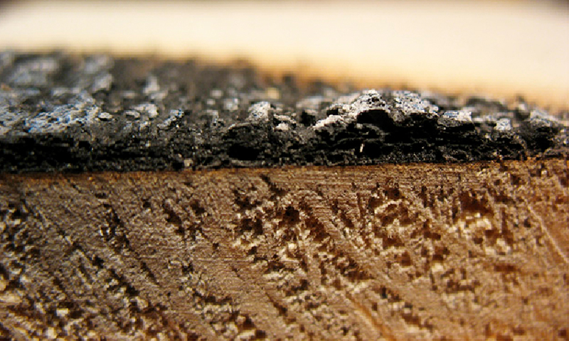 Makro av sprukket svart brent overflate på lyst treverk med tydelige teksturer.