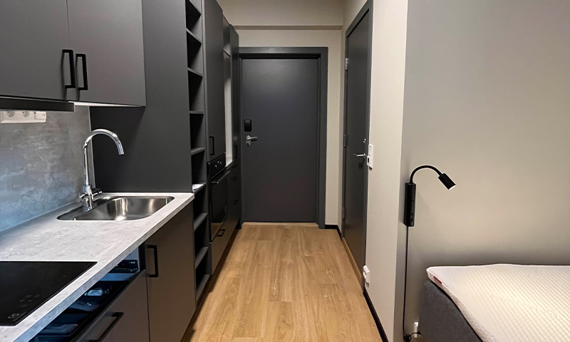 Studioleilighet med mørkegrå kjøkkenskap, tregulv, inngangsdør og seng med vegglampe.
