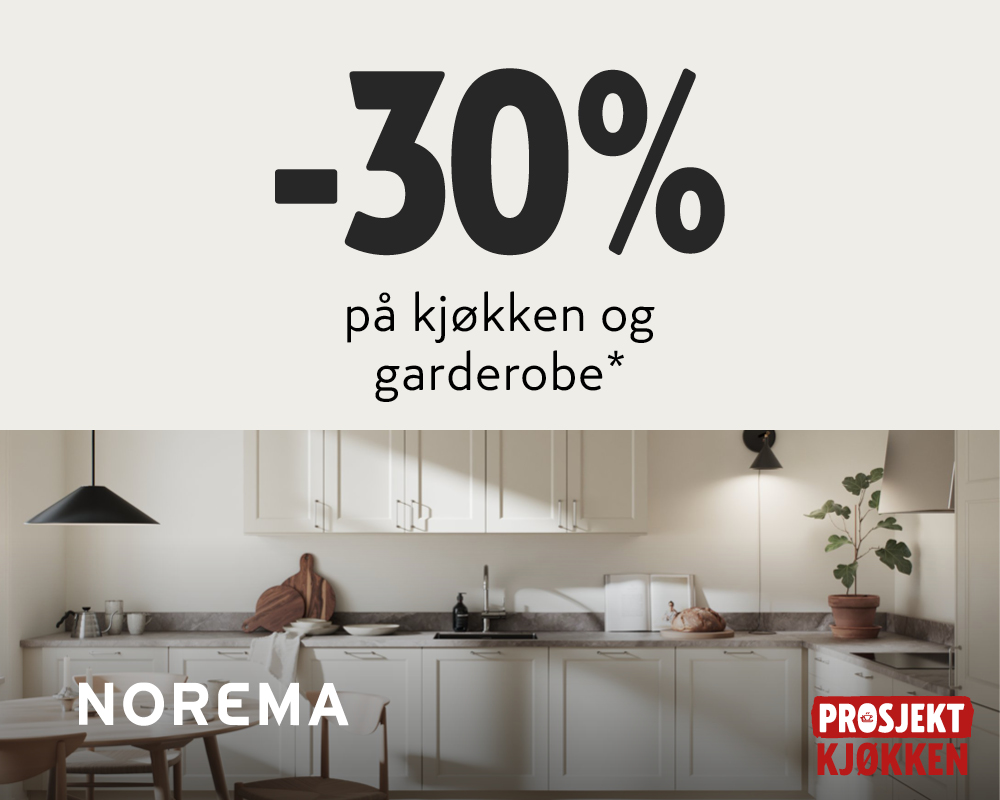 Salgsplakat med 30% rabatt på kjøkken og garderobe fra Norema, viser et elegant hvitt kjøkken med marmor benkeplater.