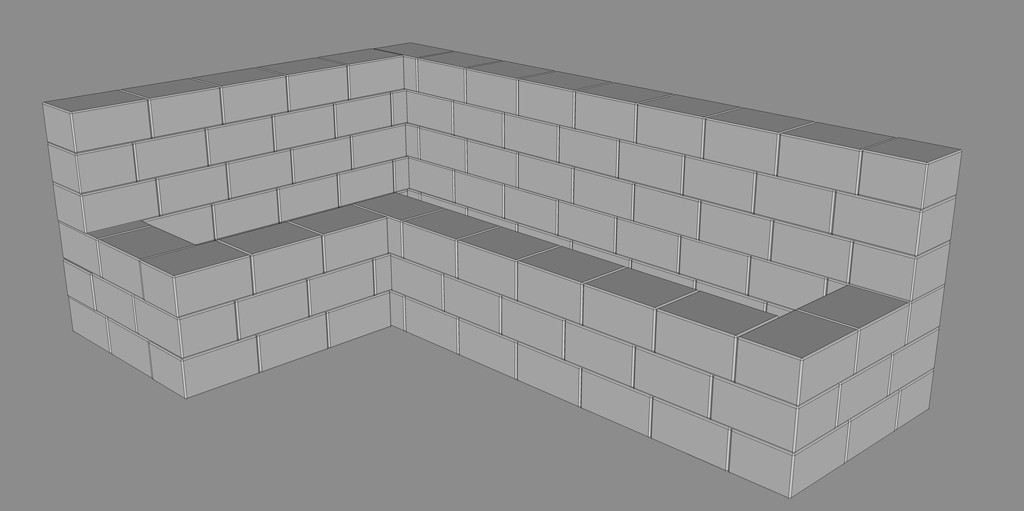 3D-modell av L-formet totrinns sittebenk av lysegrå mursteinsblokker mot grå bakgrunn