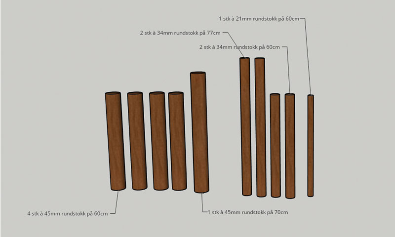 Brune rundstokker: 4×45 mm/60 cm, 1×45 mm/70 cm, 2×34 mm/77 cm, 2×34 mm/60 cm, 1×21 mm/60 cm