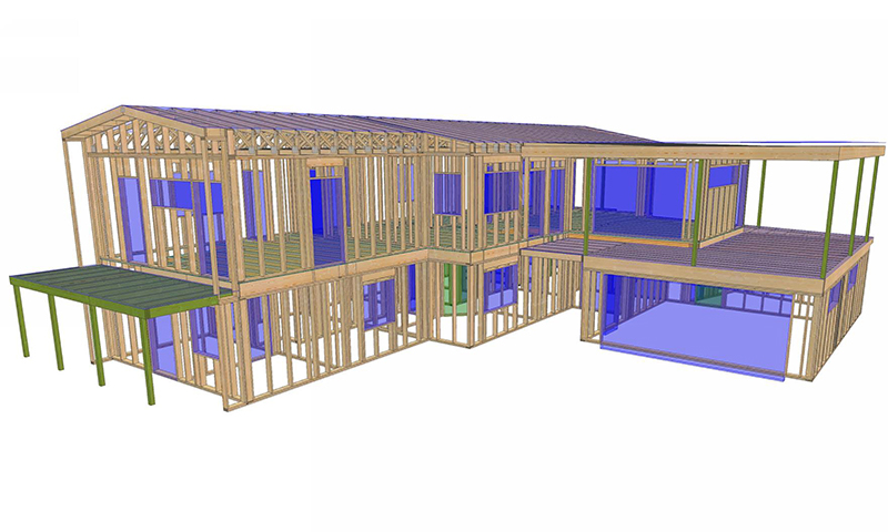 3D-modell av to-etasjes trehusramme med blå vindusfelter og grønne bærende stolper
