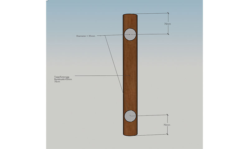 Teknisk skisse av brunt rundstokk (70 cm) med to grå hull (Ø 35 mm) markert 70 mm fra ender.
