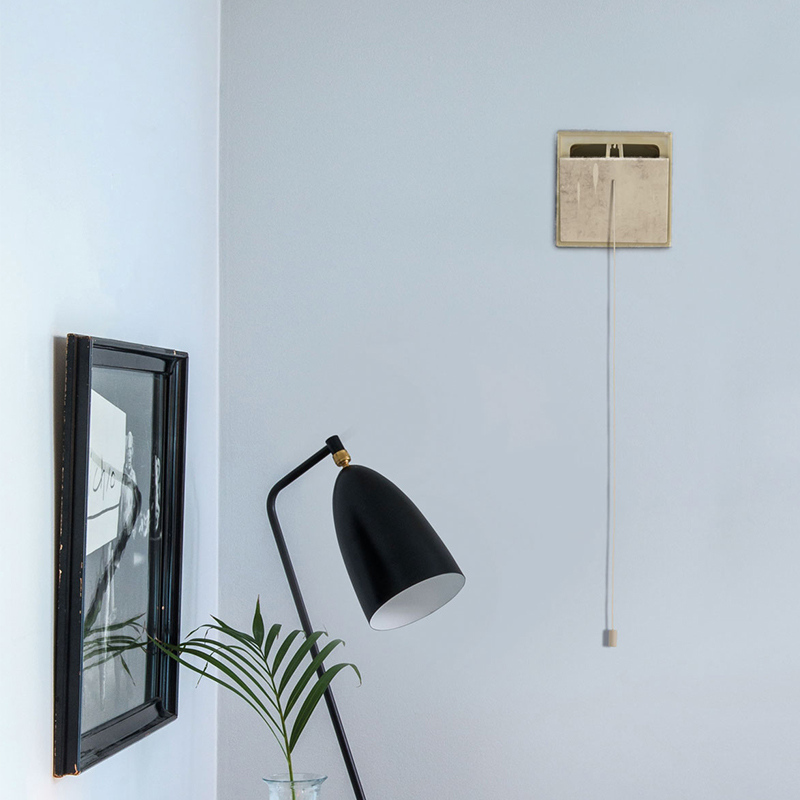 Lys grå vegg med svart lampe, grønt palmeblad i vase, svart-hvitt bilde og trekkbryter