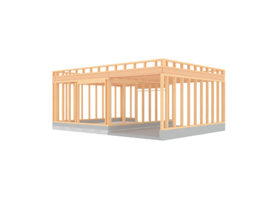 Lys trehusramme på grå betongplate mot hvit bakgrunn.