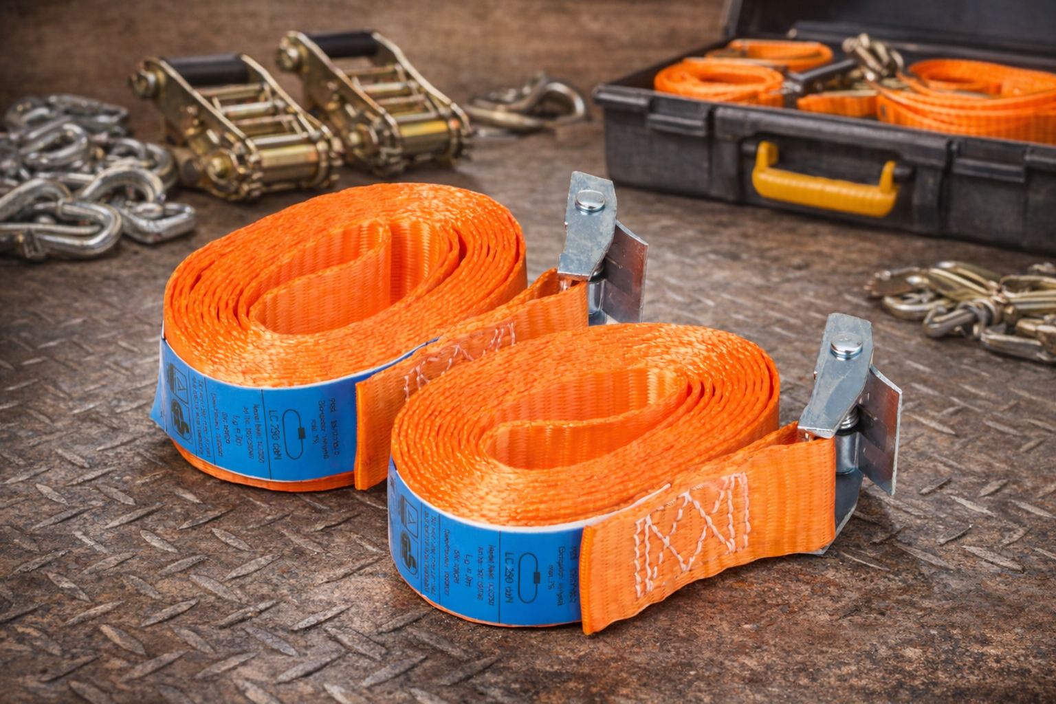 Spennbånd liggende på mørkt metallgulv - bildet er generert av ChatGPT