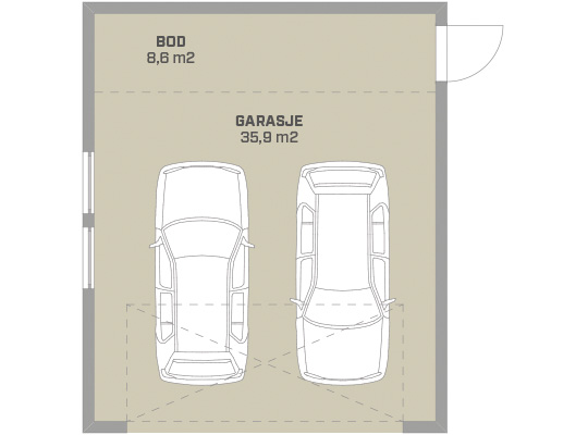 Dobbelgarasjeplan (35,9 m2) med to hvite bilskisser på beige gulv, grå vegger og bod 8,6 m2.