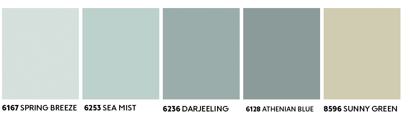 Horisontal fargegradient i fem pastelltoner: lys mint, mint, blågrønn, gråblå og beige