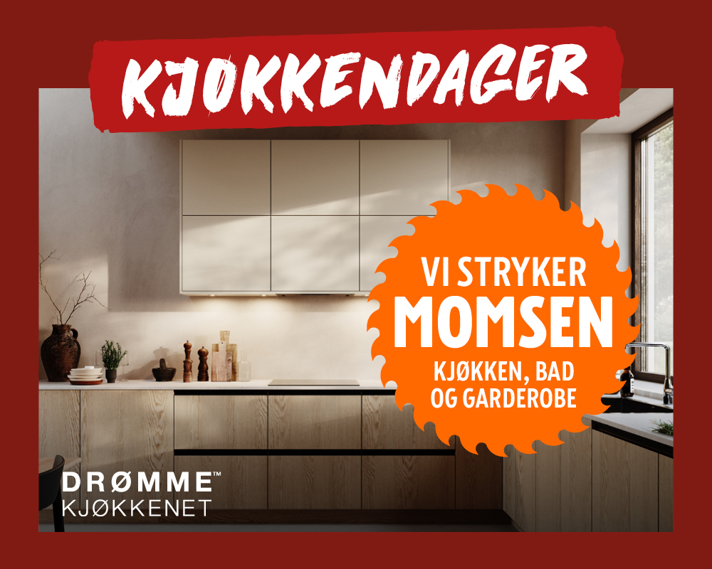 Drømmekjøkkenet reklame for Kjøkkendager med momsfri kampanje på kjøkken, bad og garderobe.