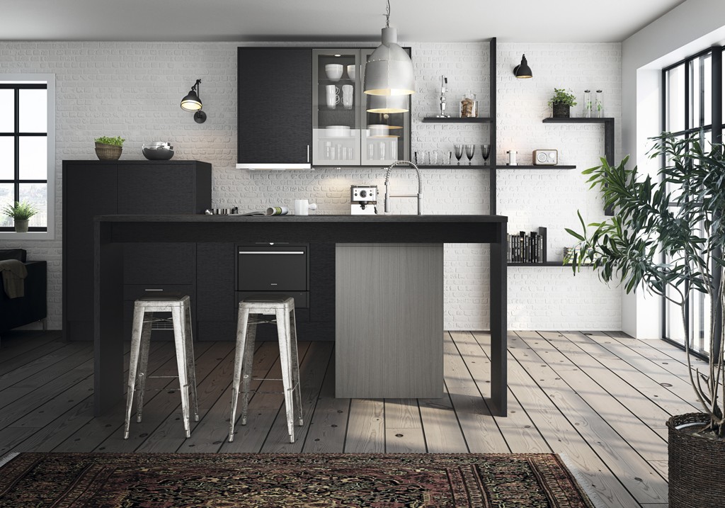 Moderne kjøkken med svart kjøkkenøy, hvit teglvegg, metallstoler og grønne planter