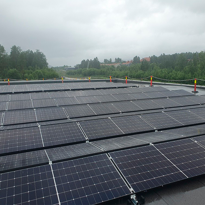 Våte, mørke solcellepaneler dekker flatt tak under grå himmel, grønn skog og røde stolper.