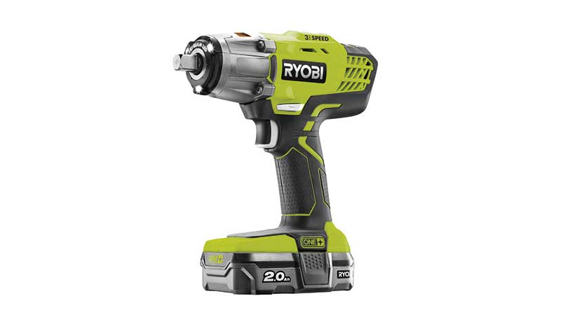 Fluorsgrønn og svart trådløs Ryobi One+ 3-farts slagskrutrekker med 2,0 Ah-batteri.