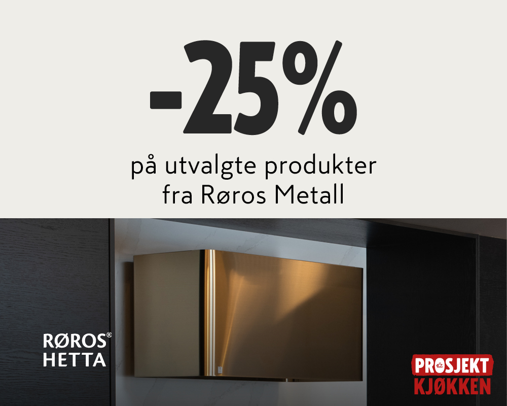 Kampanjebilde som viser 25% rabatt på utvalgte produkter fra Røros Metall, med et messingskap fra Røros Hetta og Prosjekt Kjøkken-logo.