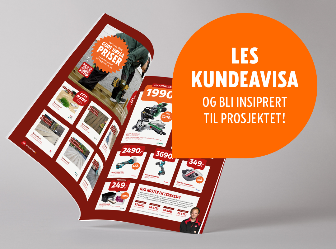 Åpen kundeavis med verktøy og byggevarer til gode priser, med oransje sirkel som oppfordrer til å lese for inspirasjon.