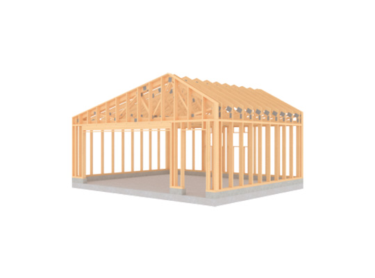 Lys tremur på grå betongplate, husramme under bygging