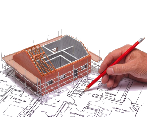 Hånd med rød blyant markerer plantegning under mursteinsmodell med stillas 