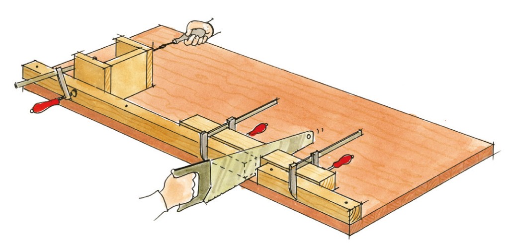 Akvarelltegning av lys treplate med røde klemmer og håndsag for rett snitt.