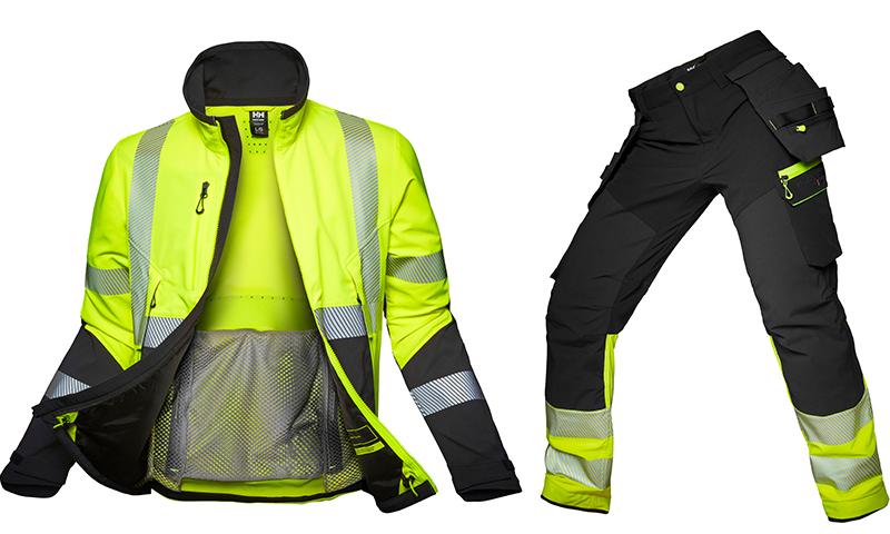 Neongult og svart arbeidssett: jakke med reflekssølvstriper og nettingfor, og matchende bukse.
