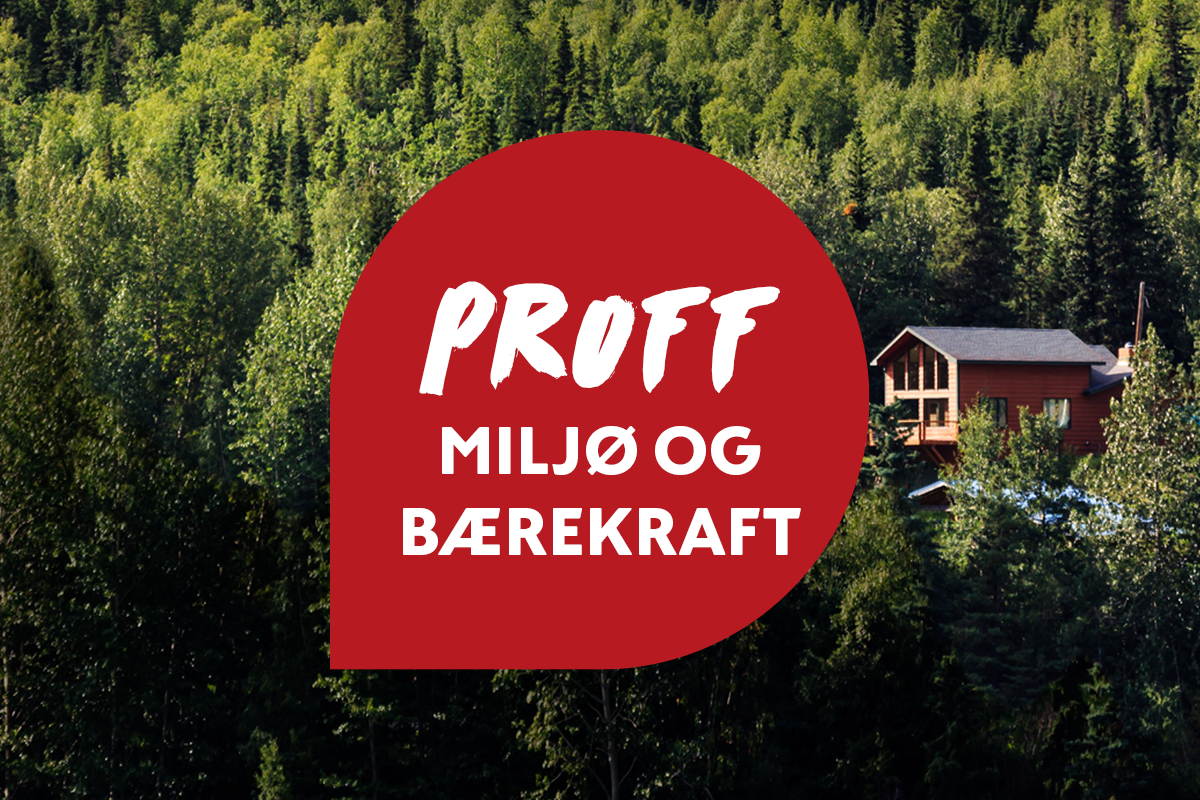 Rød sirkel med teksten «PROFF MILJØ OG BÆREKRAFT» foran grønn skog og rød hytte