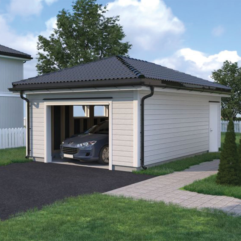 Hvit frittstående garasje med svart tak, åpen port og grå bil inne, gressplen og gangsti.