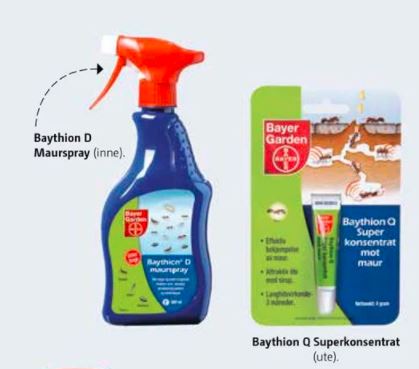 Blå sprayflaske med rød tut merket Baythion D og grønn pakke Baythion Q mot maur