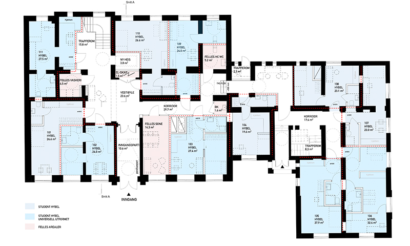 Blå og rosa plantegning av studenthybler, universelle enheter og fellesområder.