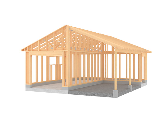 Åpen ramme av lyst treverk på betongfundament, delvis oppført hus med saltak