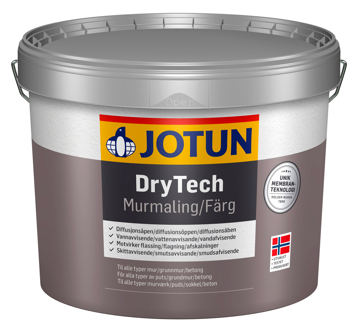 Grå bøtte med Jotun DryTech murmaling, hvit/brun etikett, blå/gul logo, norsk flagg.