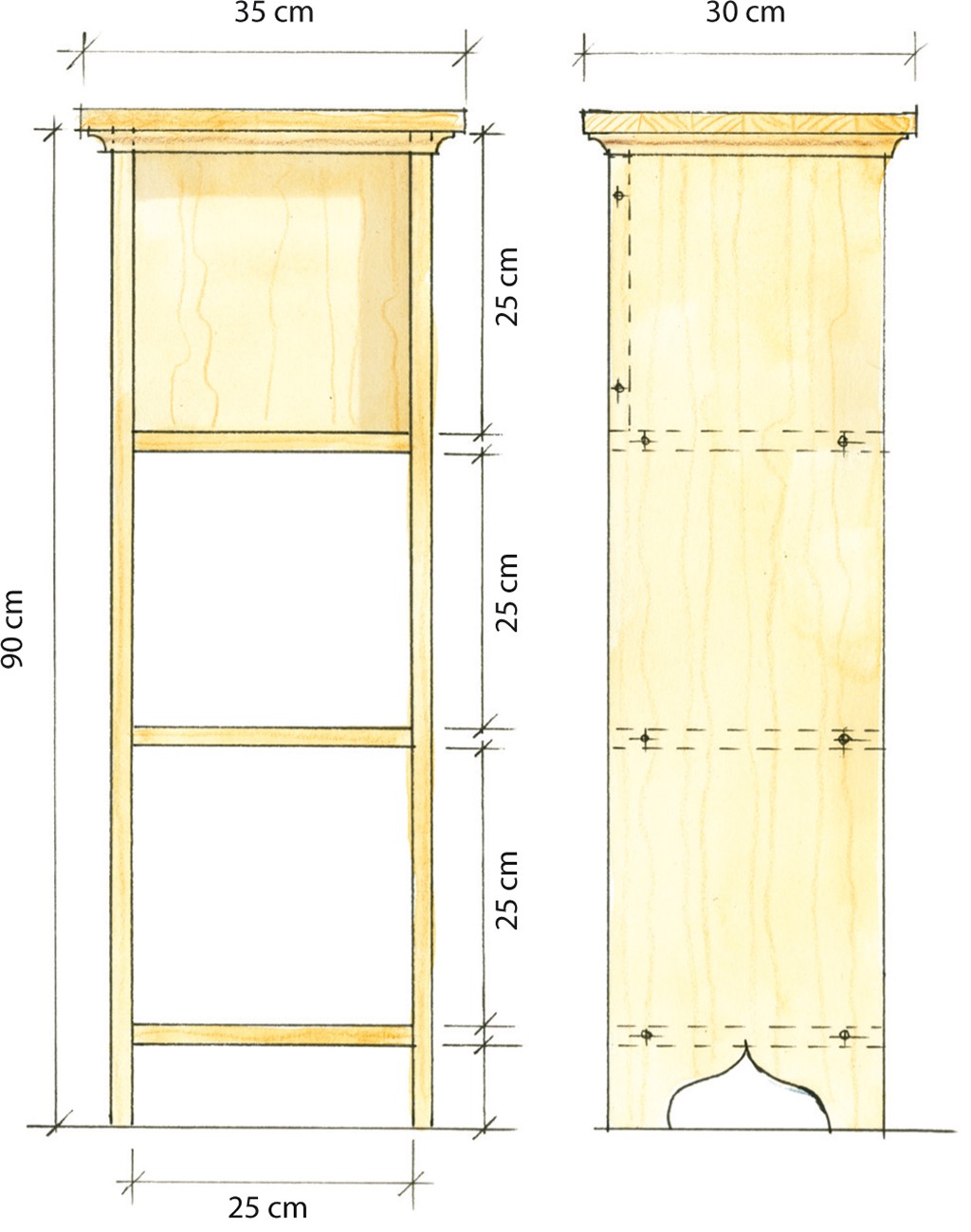 Skisse av lyst treskap med tre hyller, mål H90×B25×D30 cm, topp 35 cm, bueformet sokkel.