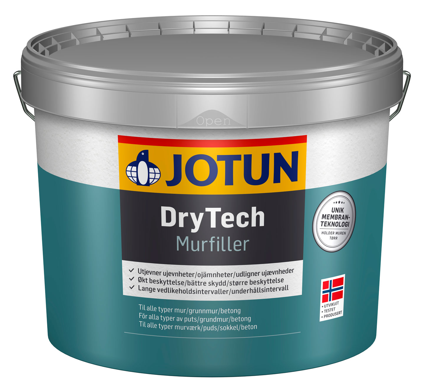 Grått lokk på turkis spann med gul-blå Jotun-logo og teksten "DryTech Murfiller"