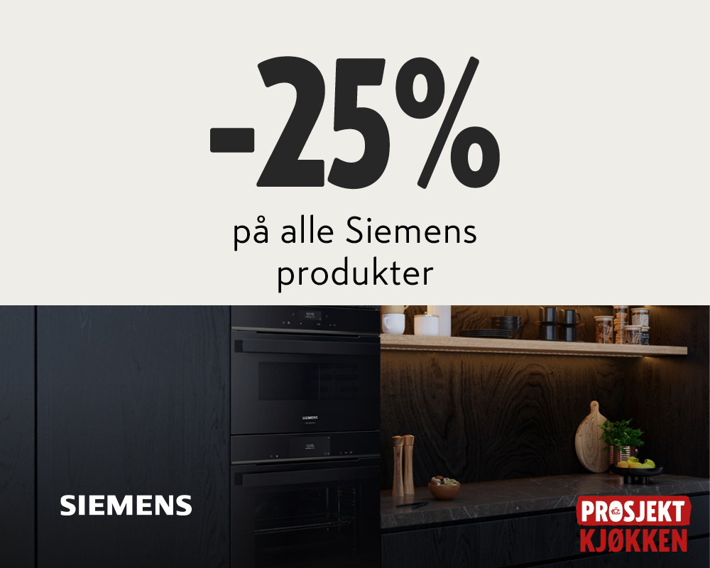 25% rabatt på alle Siemens produkter. Moderne svart kjøkken med innebygde Siemens-apparater og Prosjekt Kjøkken-logo.
