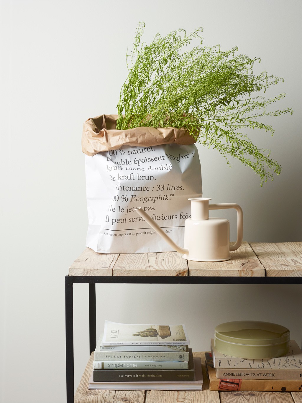 Hvit papirpose med spinkel grønn plante på lyst trebord, beige vannkanne og bøker.