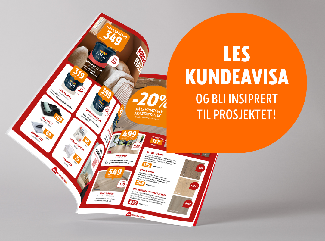 Åpen kundeavis fra Byggmaker med tilbud på maling og gulv. Oransje sirkel med tekst "Les kundeavisa og bli inspirert".