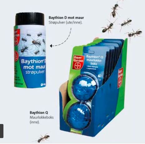 To Bayer maurmidler: hvit-grønn pulverboks og blå innendørs lokkebokser, maur krabber rundt.