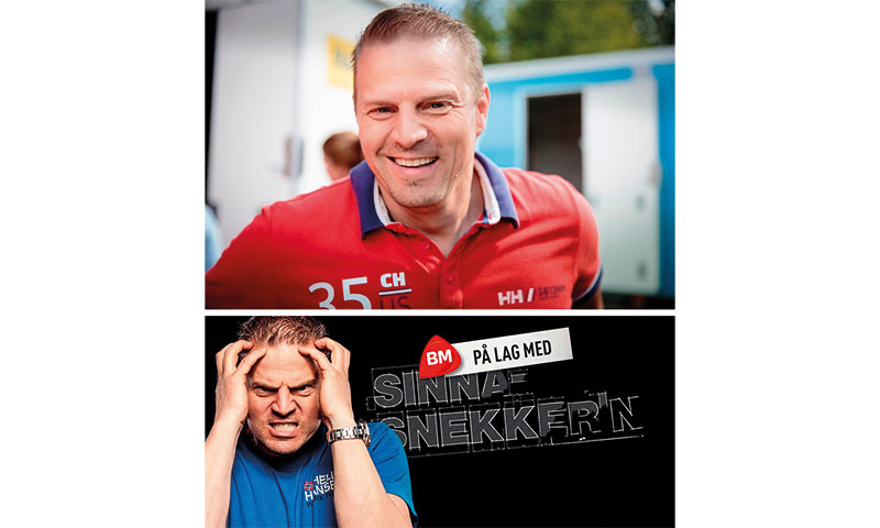 Øverst mann i rød polo foran container, nederst mann i blå skjorte ved BM på lag med Sinna Snekker'n